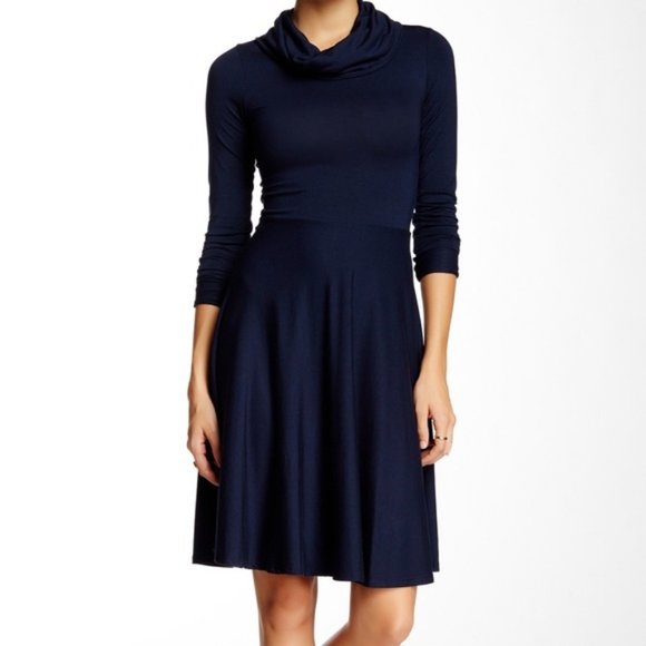 Go Couture Dark Navy Blue Cowl Neck Modal Long Sleeve A-Line Dress Sz S - Picture 1 of 8